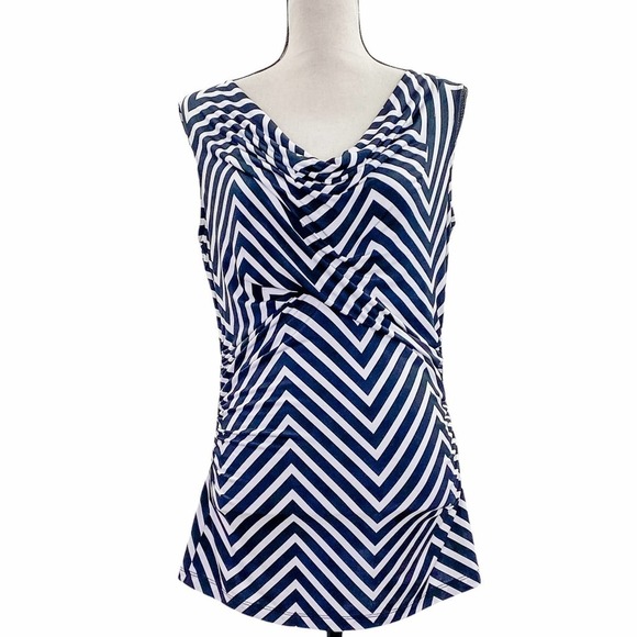 BLACK & White Chevron Stripe Drapey Cowl Neck Sleeveless Blouse - Picture 2 of 10